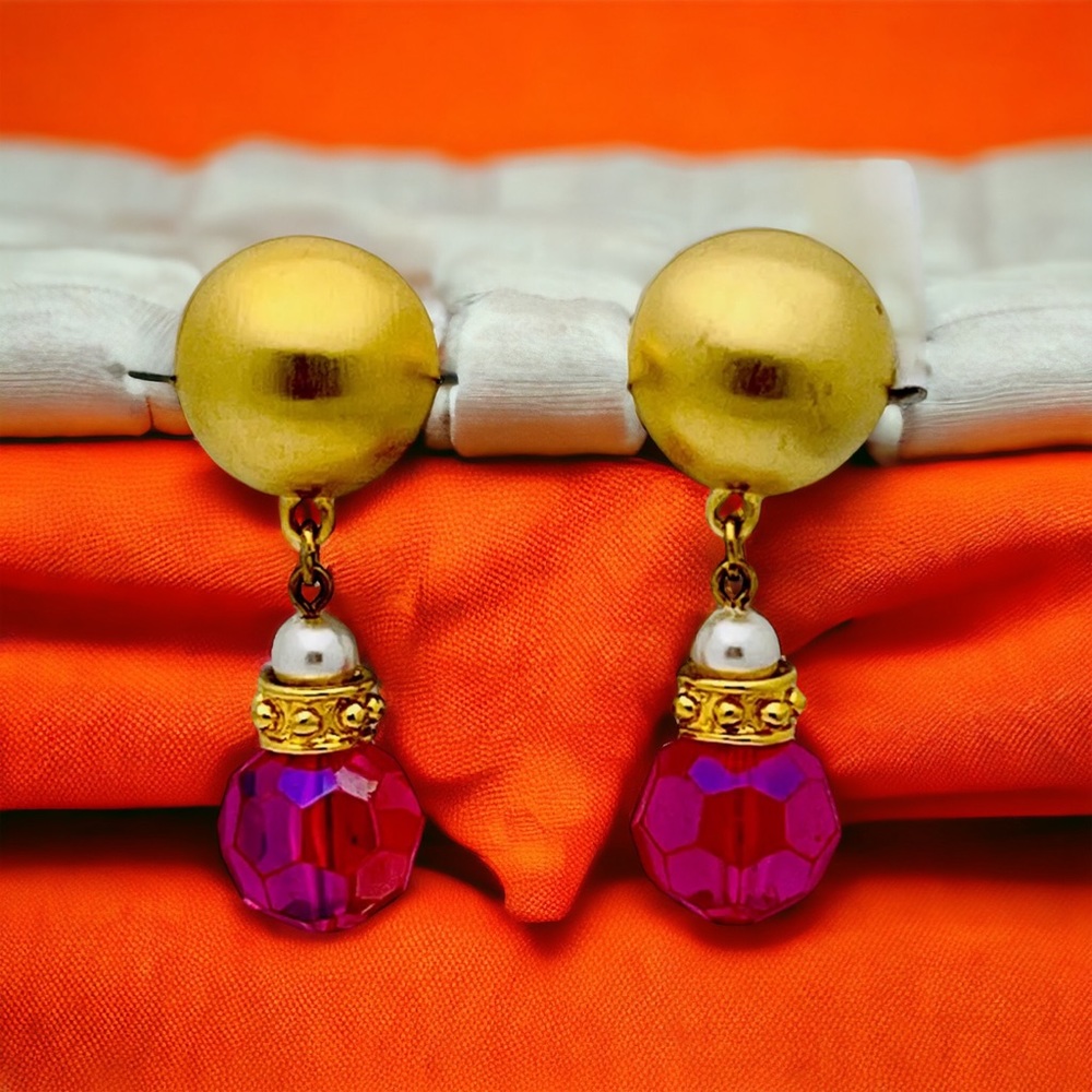 Vintage gold pink dangle pierced earrings.